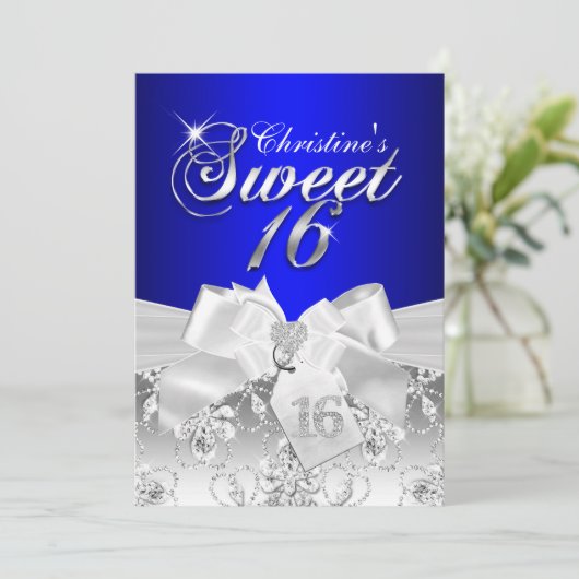  Diamond Bow Royal Blue Sweet 16 Invite Kaart (Staand voorkant)