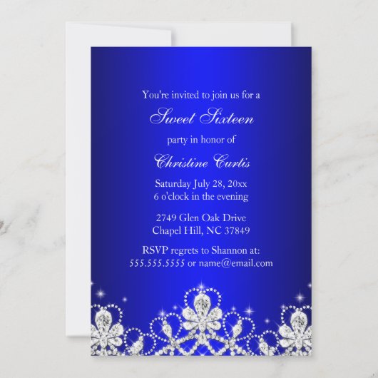  Diamond Bow Royal Blue Sweet 16 Invite Kaart (Achterkant)