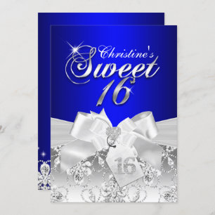  Diamond Bow Royal Blue Sweet 16 Invite Kaart