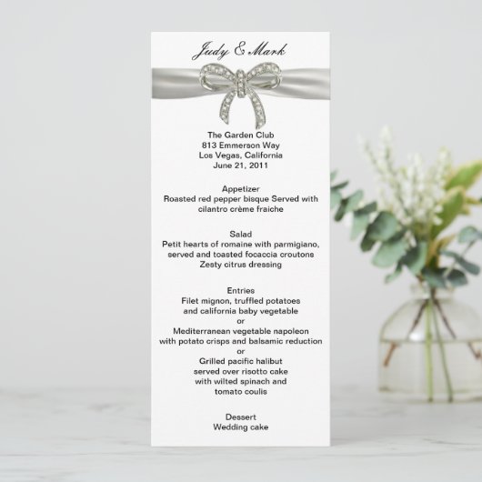 Diamond Bow Wedding Menu Kaart (Staand voorkant)
