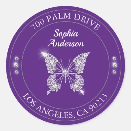 Diamond Butterfly, Paarse retouradres Ronde Sticker (Voorkant)