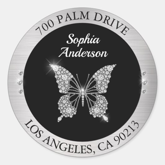 Diamond Butterfly, Silver Metal DIY Return Address Ronde Sticker (Voorkant)