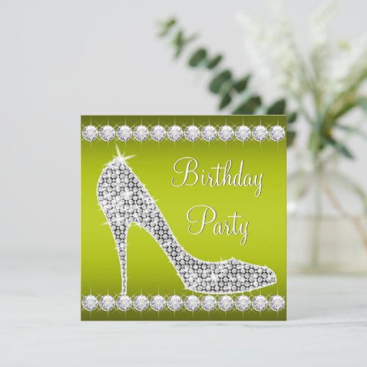 Diamond Celery Green High Heel Schoen Verjaardagsf Kaart (Staand voorkant)