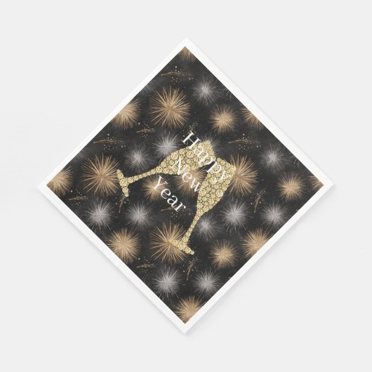 Diamond Champagne Happy New Year Black Fireworks Servet (Hoek)