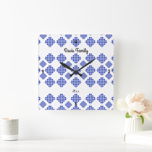 Diamond Check Blauw Wit Vierkante Klok (Huis)