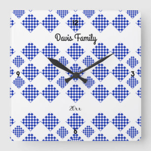 Diamond Check Blauw Wit Vierkante Klok