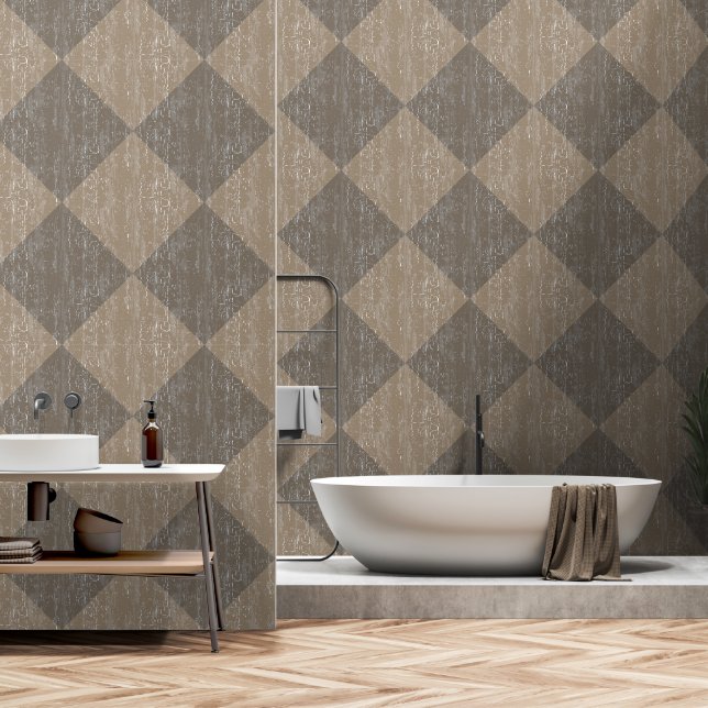 Diamond Check Crackle textuur beige en taupe Behang (Badkamer)