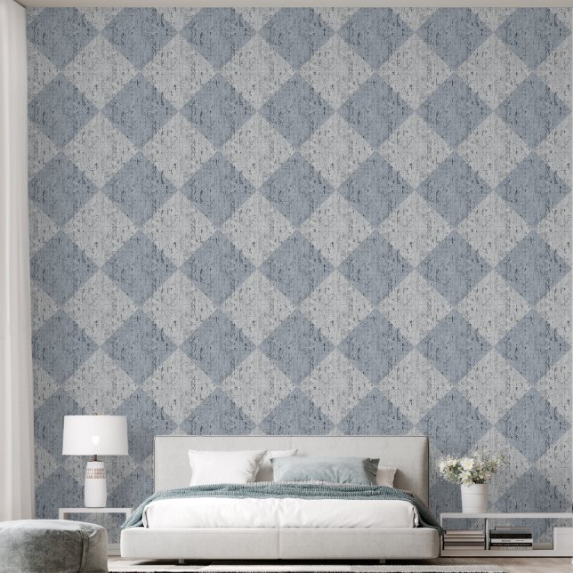 Diamond Check Crackle Textuur Wit en Blauw Behang (Slaapkamer)