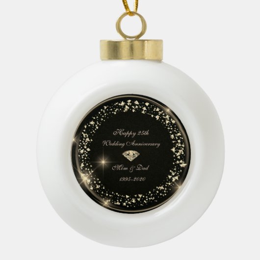 Diamond Confetti Black 25th Wedding Jubileum Keramische Bal Ornament (Voorkant)