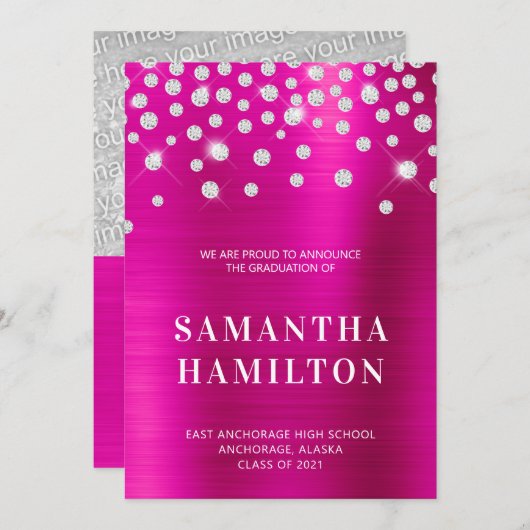 Diamond Confetti Hot Pink Ombre Folie Afstuderen Aankondiging (Voorkant / Achterkant)