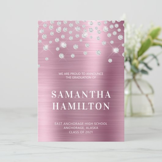 Diamond Confetti Pink Ombre Folie Afstuderen Aankondiging (Staand voorkant)