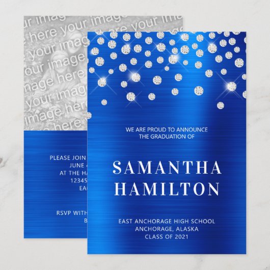 Diamond Confetti Royal Blue Ombre Folie Afstuderen Aankondiging (Voorkant / Achterkant)