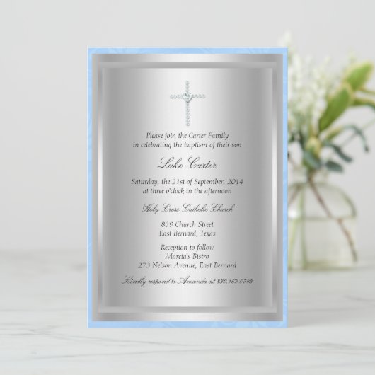 Diamond Cross Blue Baptism/Christening Invitation Kaart (Staand voorkant)