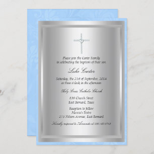 Diamond Cross Blue Baptism/Christening Invitation Kaart