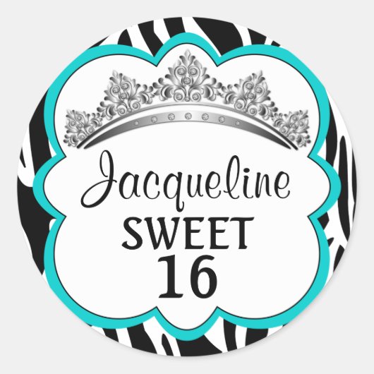 Diamond Crown Zebra Turquois Ronde Sticker (Voorkant)