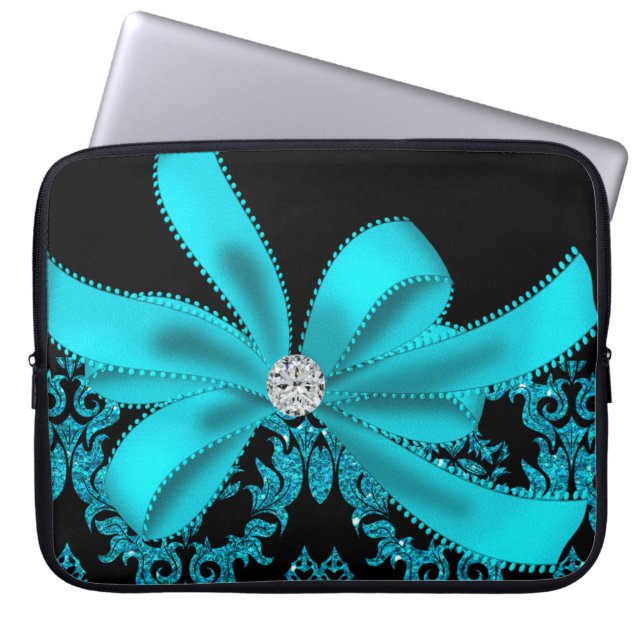 Diamond Damask (Blauwgroen Glitter) Laptop Sleeve (Voorkant)