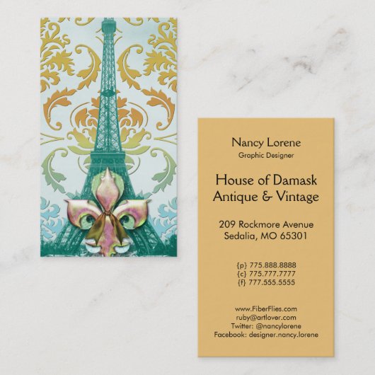 Diamond Damask, EIFFEL TOWER in GOLD en BLAUWGROEN Visitekaartje (Voorkant / Achterkant)