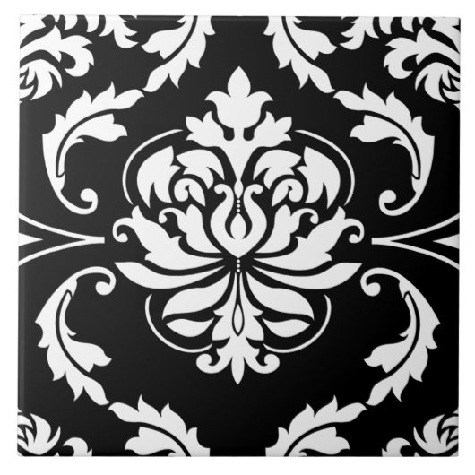 Diamond Damask in het wit op Black Tegeltje (Voorkant)