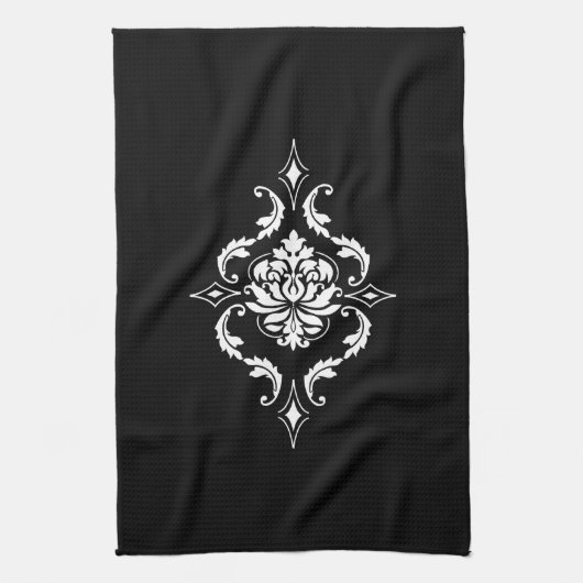 Diamond Damask, wit op zwart Theedoek (Verticaal)