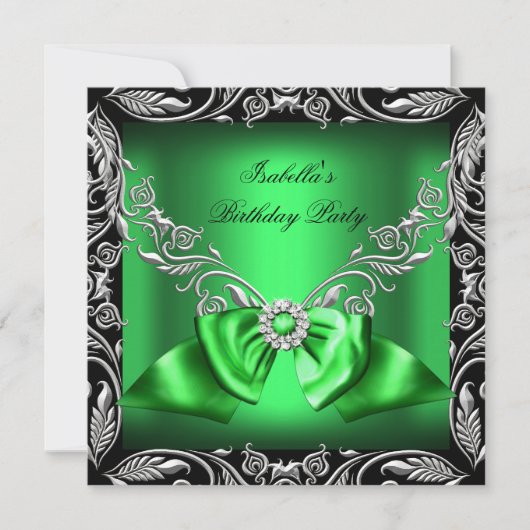 Diamond Deep Green Bow Silver Black Birthday Party Kaart (Voorkant)