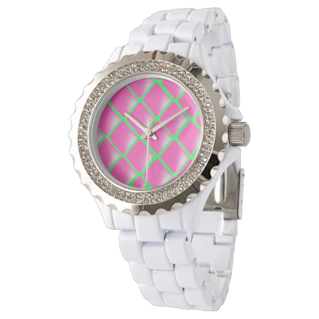 Diamond Design in Roze en Groen Horloge (Gekanteld)