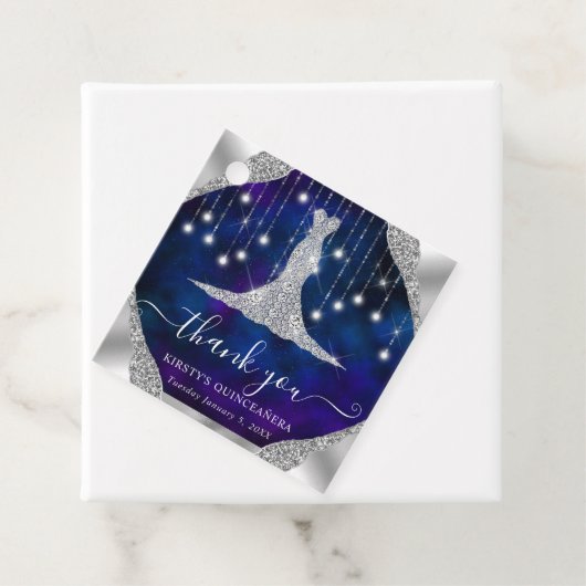 Diamond Dress & Bokeh String Lights Quinceanera Bedankjes Labels (In situ)