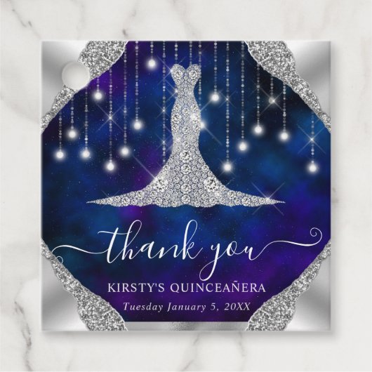 Diamond Dress & Bokeh String Lights Quinceanera Bedankjes Labels (Voorkant)