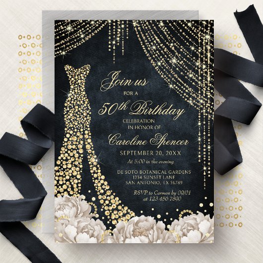 Diamond Dress Women's 50th Gold Birthday Invitatio Kaart