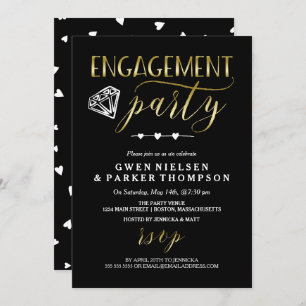 Diamond en harten   Zwarte & Gold Engagement Party Kaart