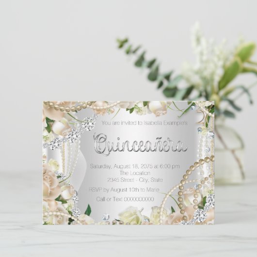 Diamond en Pearl Roos Quinceanera Kaart (Staand voorkant)