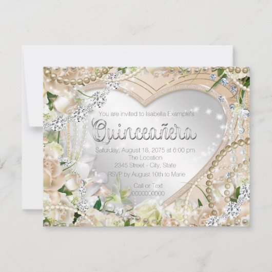 Diamond en Pearl White Rose Quinceanera Kaart (Voorkant)