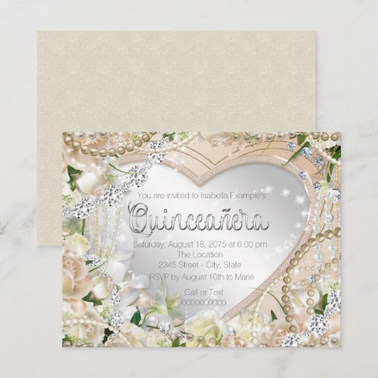 Diamond en Pearl White Rose Quinceanera Kaart (Voorkant / Achterkant)