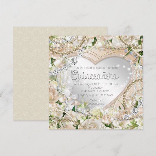 Diamond en Pearl White Rose Quinceanera Kaart (Voorkant / Achterkant)