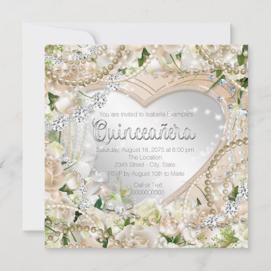 Diamond en Pearl White Rose Quinceanera Kaart (Voorkant)