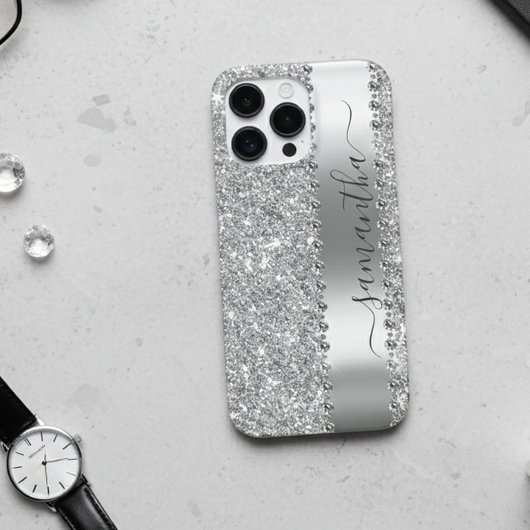 Diamond Faux Glitter Kalligrafie Naam Zilver Case-Mate iPhone Case