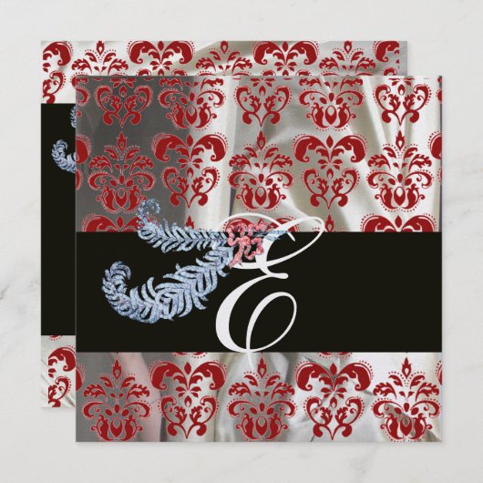DIAMOND FEATHER RED WHITE ICE SILK DAMASK MONOGRAM KAART (Voorkant / Achterkant)