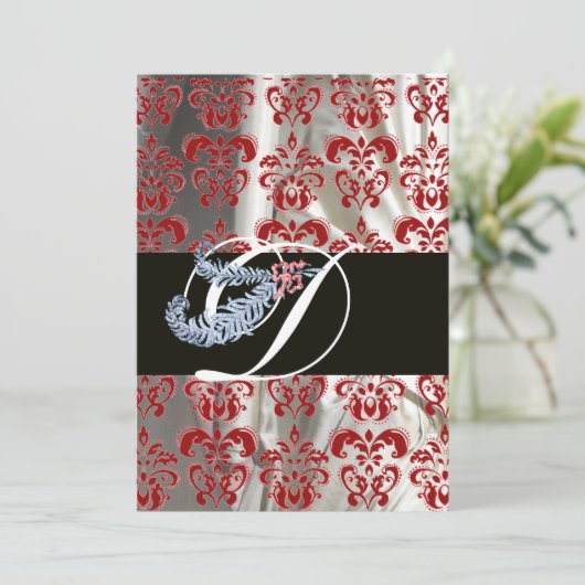 DIAMOND FEATHER RED WHITE SILK DAMASK MONOGRAM KAART (Staand voorkant)