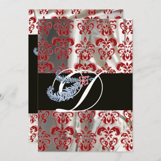 DIAMOND FEATHER RED WHITE SILK DAMASK MONOGRAM KAART (Voorkant / Achterkant)