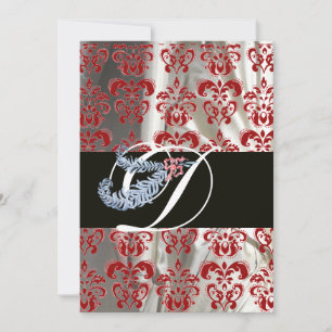DIAMOND FEATHER RED WHITE SILK DAMASK MONOGRAM KAART
