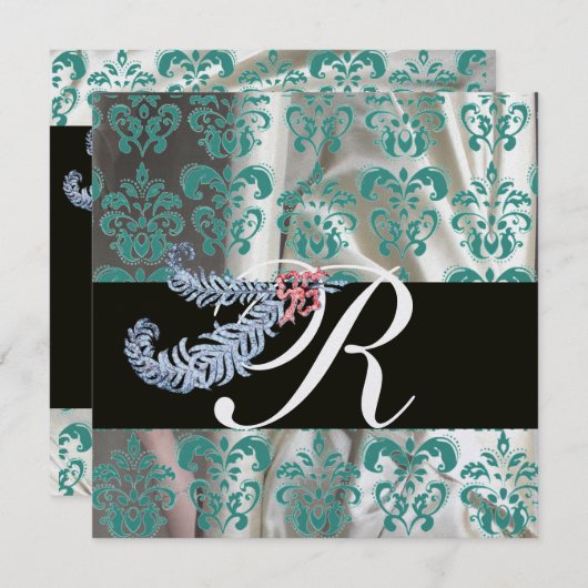 DIAMOND FEATHERS ICE BLUE SILK DAMASK MONOGRAM KAART (Voorkant / Achterkant)