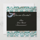 DIAMOND FEATHERS ICE BLUE SILK DAMASK MONOGRAM KAART (Achterkant)
