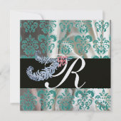 DIAMOND FEATHERS ICE BLUE SILK DAMASK MONOGRAM KAART (Voorkant)