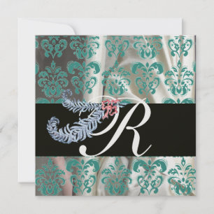 DIAMOND FEATHERS ICE BLUE SILK DAMASK MONOGRAM KAART