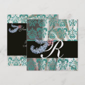 DIAMOND FEATHERS IJSLBLAUW ZIJDE DAMAST MONOGRAM KAART (Voorkant / Achterkant)