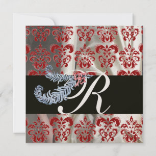 DIAMOND FEATHERS RED GOLD SILK DAMASK MONOGRAM KAART