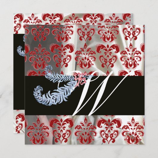 DIAMOND FEATHERS RED SILVER ZIJDE DAMAST MONOGRAM KAART (Voorkant / Achterkant)