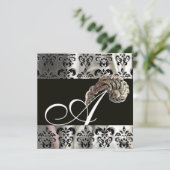 DIAMOND FEATHERS SILVER BLACK SILK DAMASK MONOGRAM KAART (Staand voorkant)