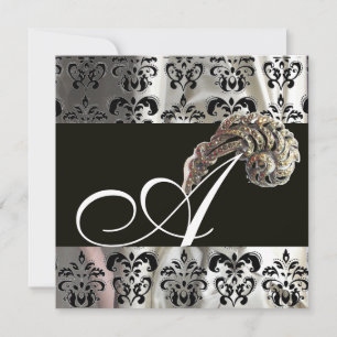 DIAMOND FEATHERS SILVER BLACK SILK DAMASK MONOGRAM KAART