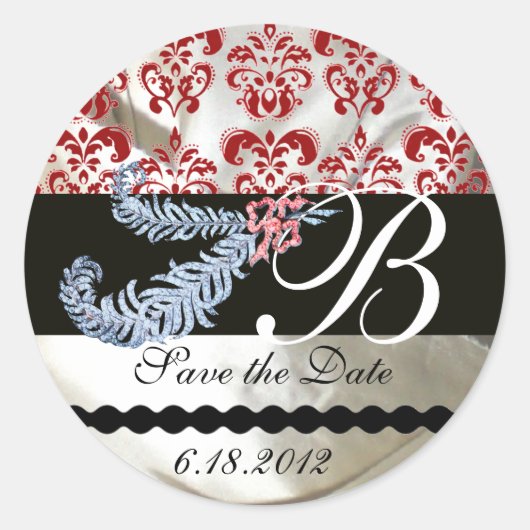 DIAMOND FEATHERS WHITE RED SILK DAMASK MONOGRAM RONDE STICKER (Voorkant)