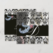 DIAMOND FEATHERS ZILVER ZWARTE ZIJDE DAMAST MONOGR KAART (Voorkant / Achterkant)